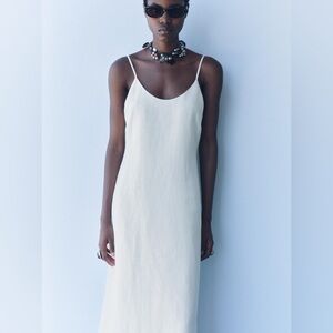 Zara Linen Blend Midi Dress ZW collection Oyster White NWT